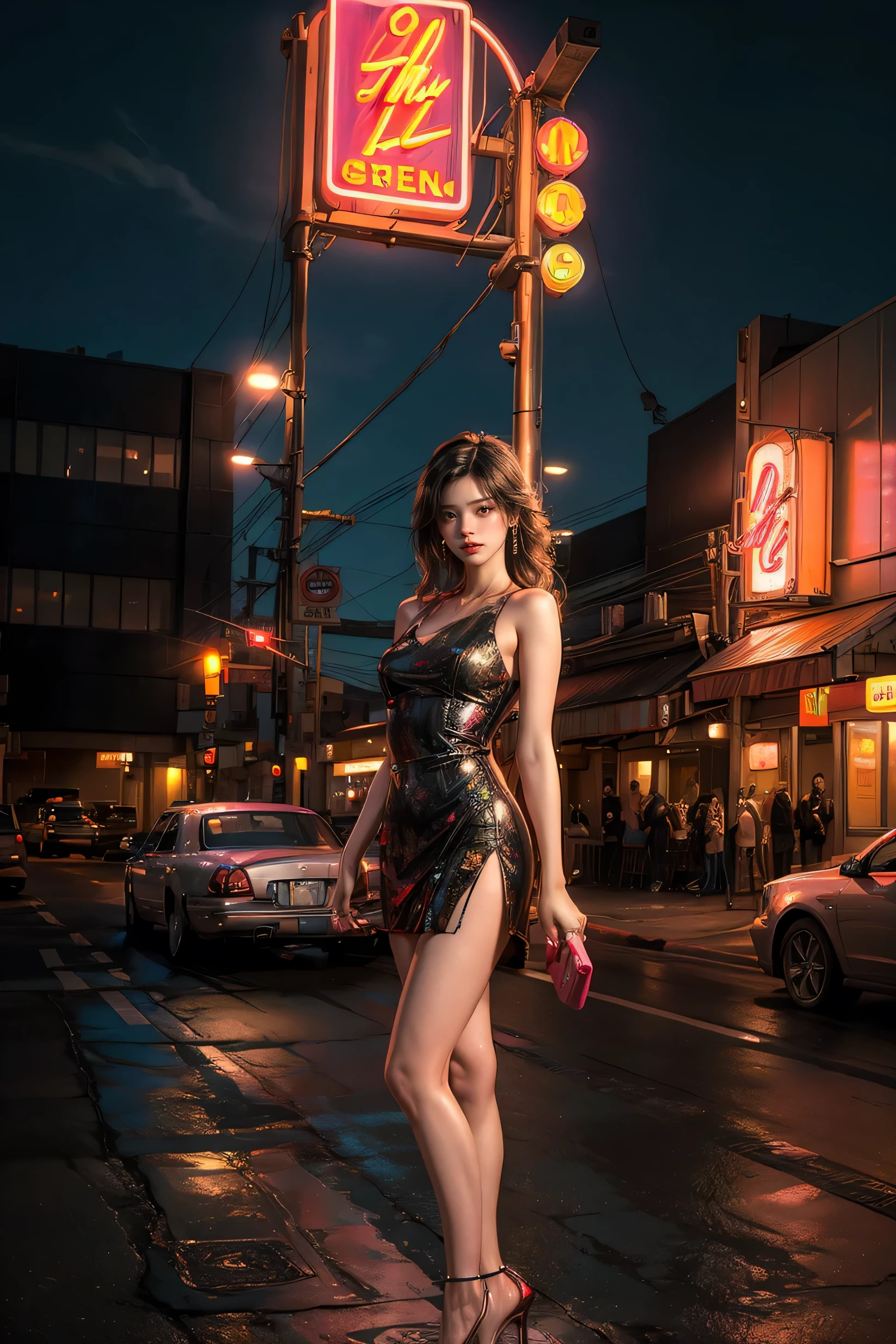 ((masterpiece, best quality, Best image quality, high resolution, realistic, raw photo, 8K)), Araped view of motel with cars parked in front, with neon sign, Woman waiting for guests in front of motel, Temptation, short dress and high heels, route 66, neon sign, 1 9 5 0 Second Americana Tourism, some have neon sign, Neon Lights Outside, neon advertising, gigantic neon sign, neon stores, few neon sign, neon sign in background,