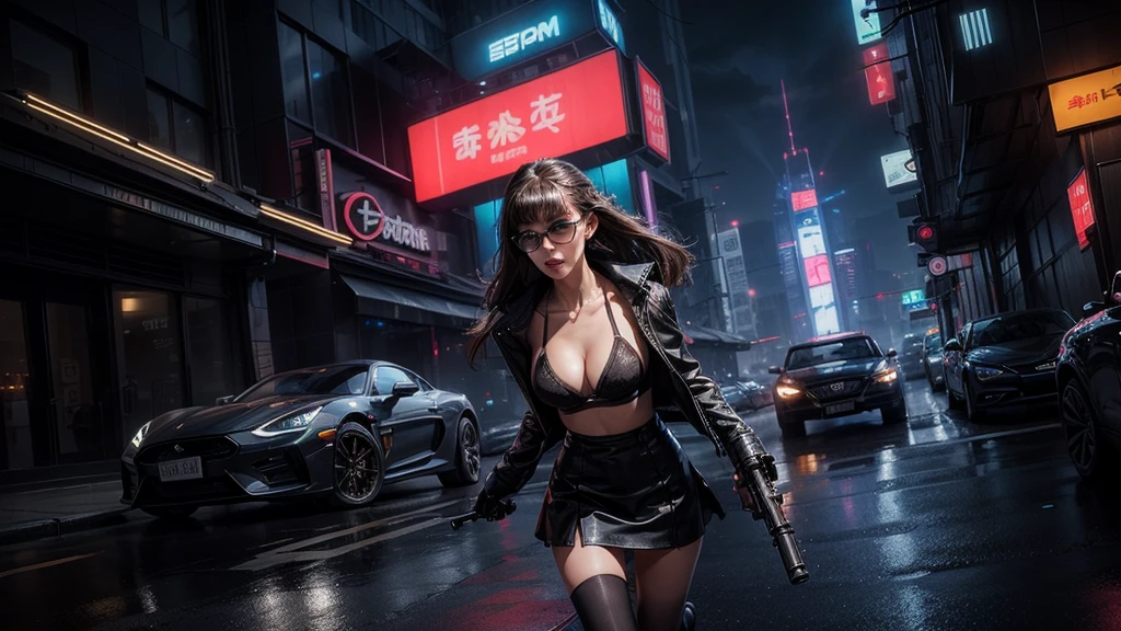 Blade Runner style futuristic city, simple outlined neon buildings, cars, lightning, 3d rendering Beeple. At night, (1girl, solo, alone), photorealistic, medium-breast slim:0.6 body, oval:0.5 face, cleavage:1.1, sexy black laced bra, deep-V, (low angle view of miniskirt), white laced panty, coat, (Matrix style black micro sunglasses), ((holding a short gun)), (slightly leaning forward running pose), (half-body thigh level close-up shot), cinematic lighting, ray tracing.