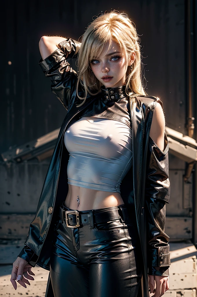cowboy shot,a pretty 2 girl,blond hair,blue eyes,lora_Emma,slim athletic body,tight and stretched white blouse with buttons,button gap,short sleeves,ultra low rise black shiny latex pants,(double metal belt),empty studiobackground,((black coat on shoulders)),(tight sleeves),(navel-piercing),(best quality,4k,8k,highres,masterpiece:1.2),ultra-detailed,(realistic,photorealistic,photo-realistic:1.37),dramatic lighting,cinematic,fashion photography,studio lighting,high contrast,vivid colors,beautiful detailed eyes,beautiful detailed lips,extremely detailed eyes and face,long eyelashes, touching hair