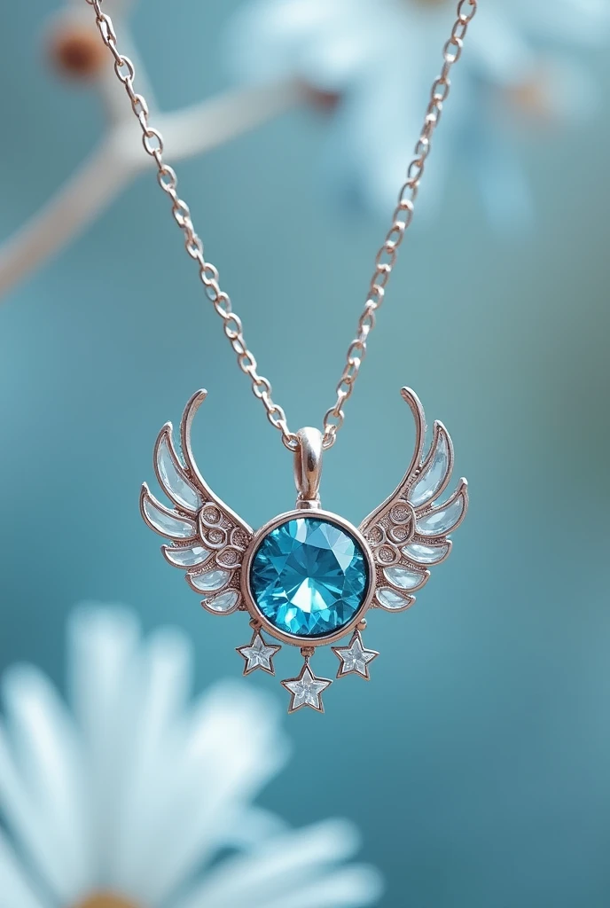 collar, It has a delicate feminine fine chain. A small precious stone of a very pretty sky blue color, with silver wings on the sides and three stars under the stone. Delicate and small