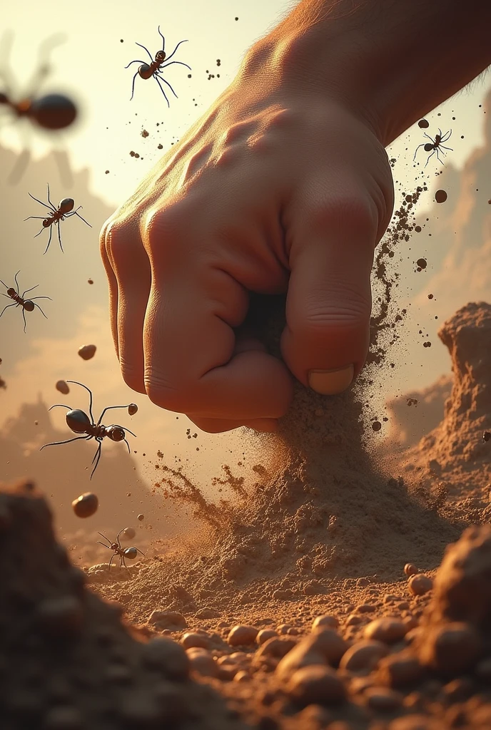 A powerful fist smashed vertically on the ruins of ant nests full of ants, the fist structure is correct, some ants were blown away, some ants are fighting, the background is mud sputtering, the picture composition golden ratio, reflecting the antagonism of hands and ants,  fighting, vertical composition, realistic style, 3D quality, dust and debris raised in the chaos, ((epic, film)) Fun of game illustrations,