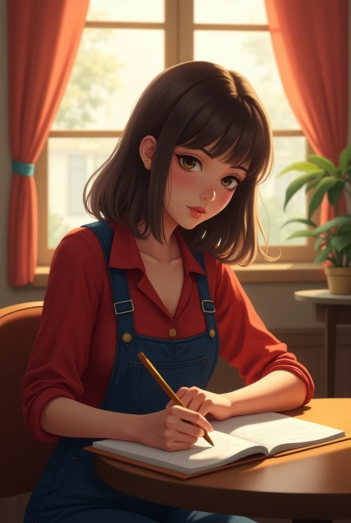 40 years old woman, straight brown shoulder length hair, eyes black, Round face, writing thoughtfully, café, tabletop, Room, window, drapery. Red blouse underneath and navy blue dungarees.