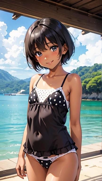 Highest quality、Realistic、、zoom、、Primary school students、Women、low length、cute、Light grey eyes、Black Hair、short hair、Tanned brown skin、Dark Skin、Polka dot bra、Polka dot panties、Flat Chest、、thin、smile、Ocean