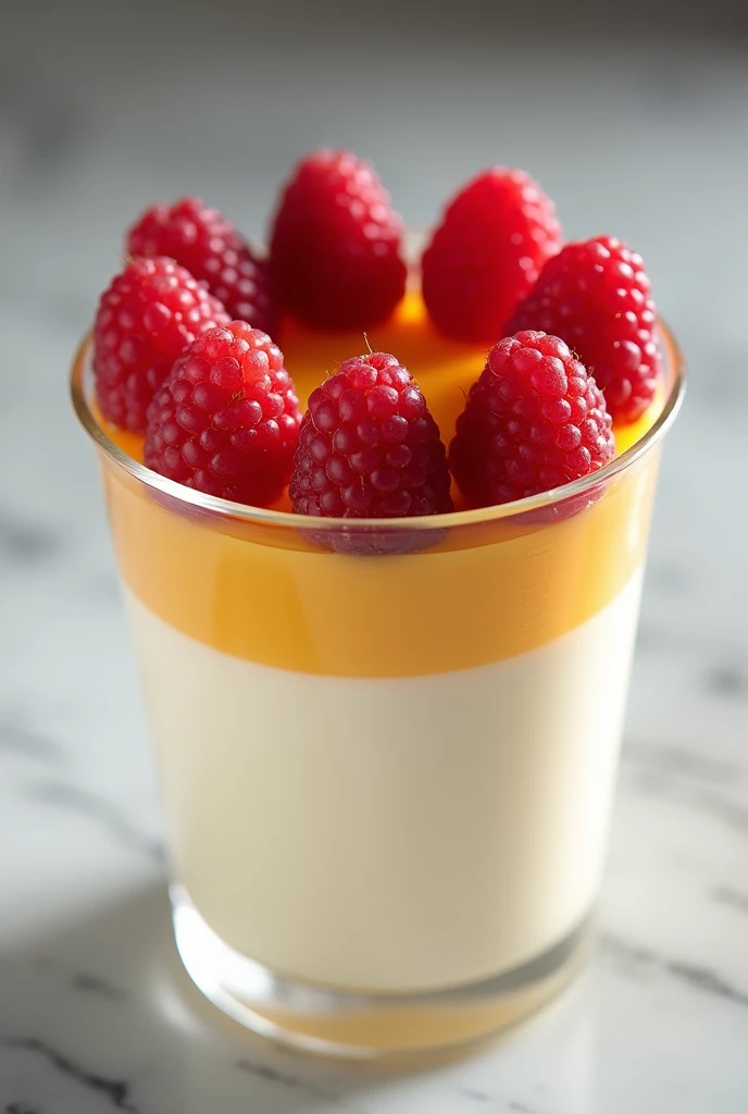 500g pure white panna cotta base with a single layer of honey on top, topped with 10 raspberries in a cylindrical plastic cup