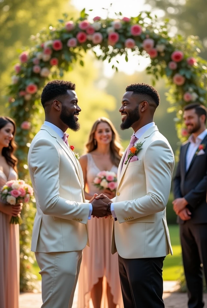 A gay couple getting married, one is white with dark hair and the other man is black.