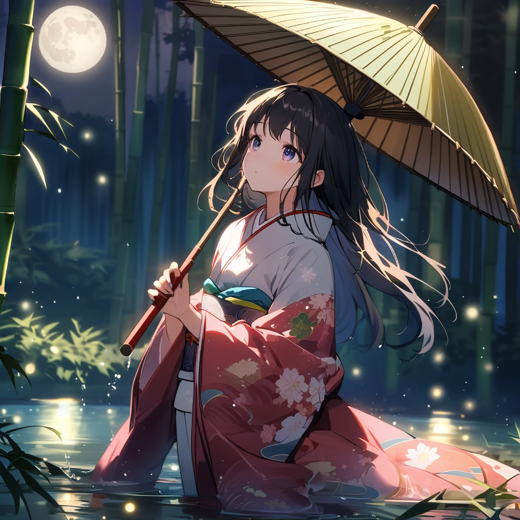 (Very fine fine touch:1.3), Vibrant colors, Soft tones, Warm and gentle lighting, , alone, whole body, (Aristocrats of Ancient Japan, Beautiful kimono, Beautiful long black hair), Shiny Hair, Looking up at the moon, (Pearly white moon:1.3), Holding a Japanese umbrella, Splash, Fireflies flying around, Bamboo leaves are arranged three-dimensionally in the foreground., Light shines on the wet ground, Japan bamboo forest,