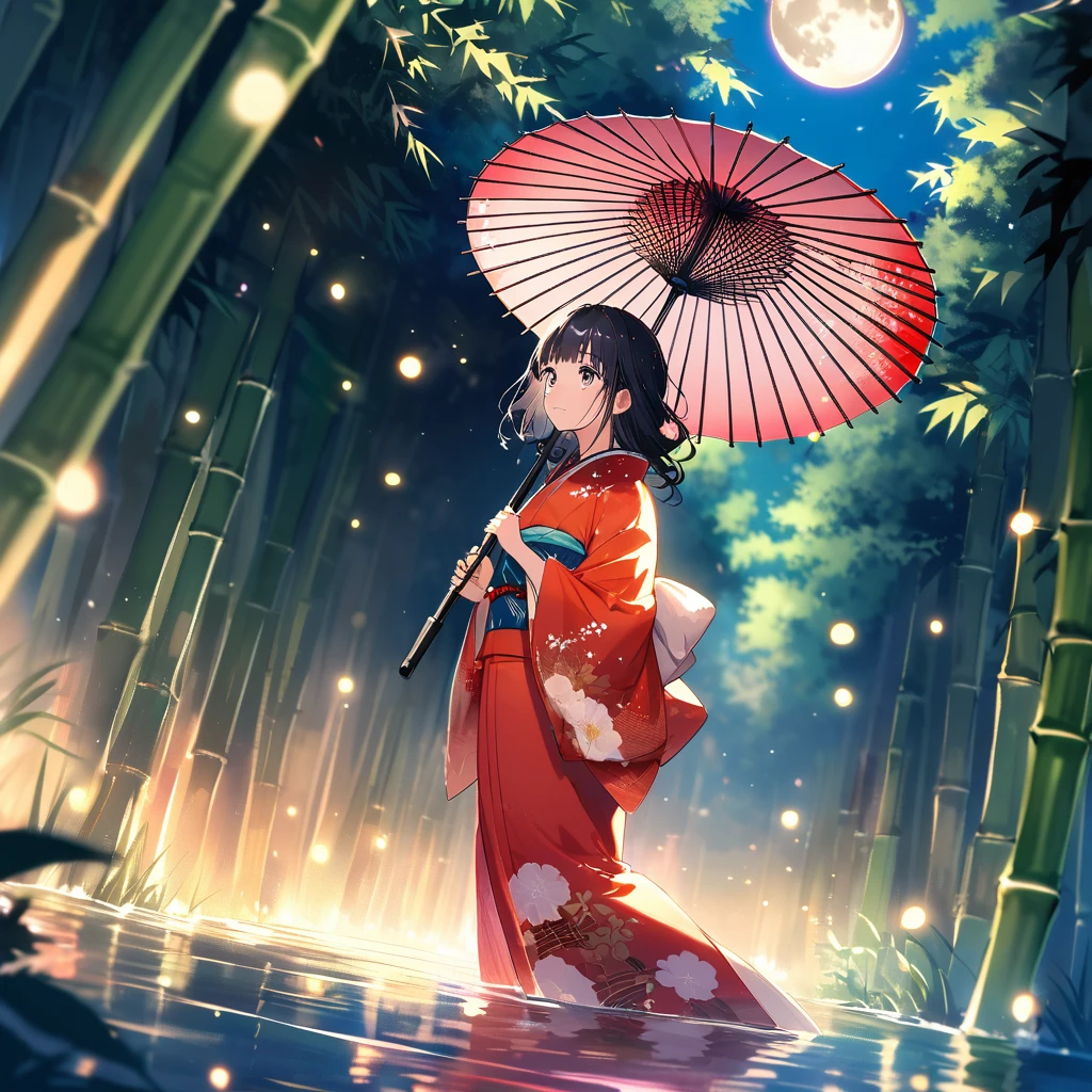 (Very fine fine touch:1.3), Vibrant colors, Soft tones, Warm and gentle lighting, , alone, whole body, (Aristocrats of Ancient Japan, Beautiful kimono, Beautiful long black hair), Shiny Hair, Looking up at the moon, (Pearly white moon:1.3), Holding a Japanese umbrella, Splash, Fireflies flying around, Bamboo leaves are arranged three-dimensionally in the foreground., Light shines on the wet ground, Japan bamboo forest,