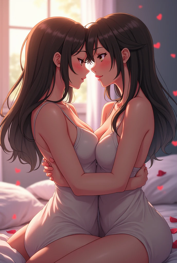 A lesbian couple making love without any clothes in Japanese anime style