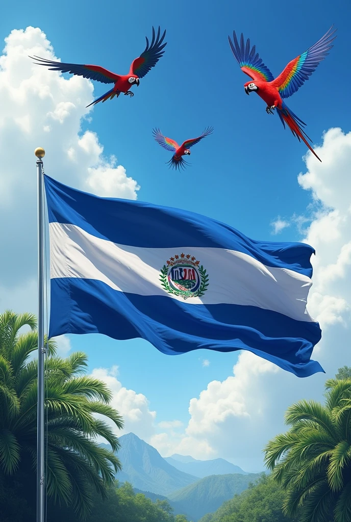 A Honduran flag waving with macaws flying