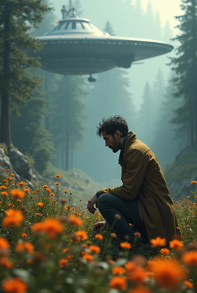 Give me a tall, skinny scientist, who has a hearing aid in his ear which is his friend, crying on his knees at the entrance to a forest, behind a field of flowers and a futuristic spaceship inside.