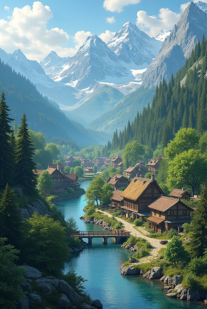 Draw a picture of village with river forest and mountain 