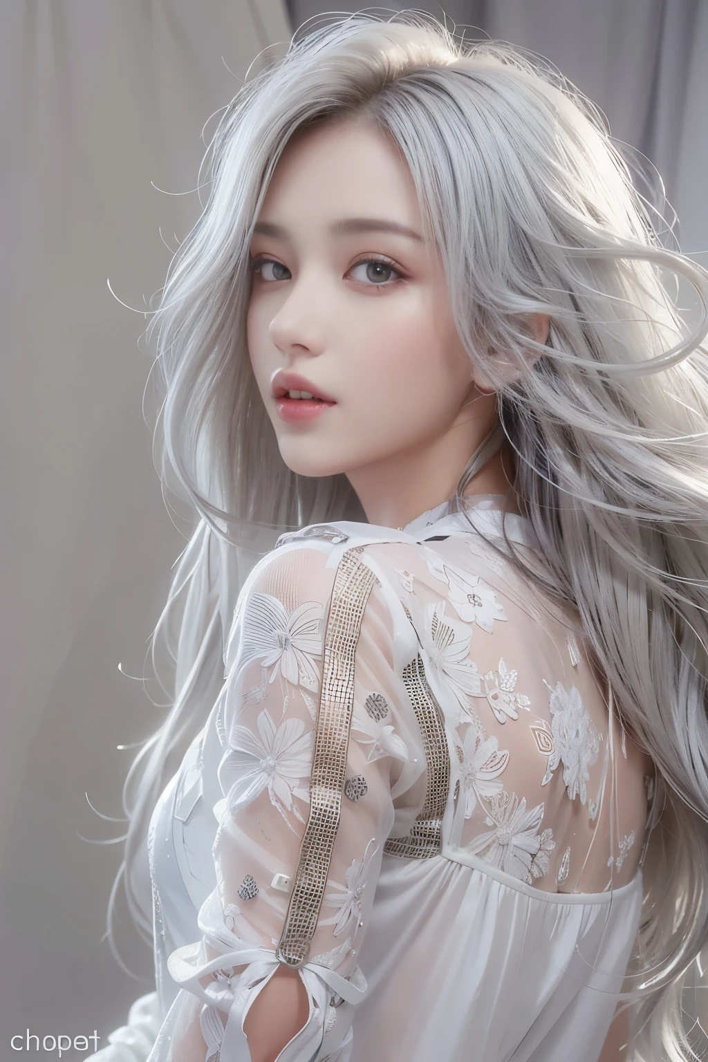 Awards, super detail, anatomically correct, hyper hd, retina, masterpiece, textured skin, accurate, high details, best quality, A high resolution, high quality, 8k,realistic, high resolution, soft lighting, 1 woman, glowing skin, Fine Fine Skin, alone, butt up, View viewer, (detailed face), gray hair, long hair, Doctor's attire, blouse