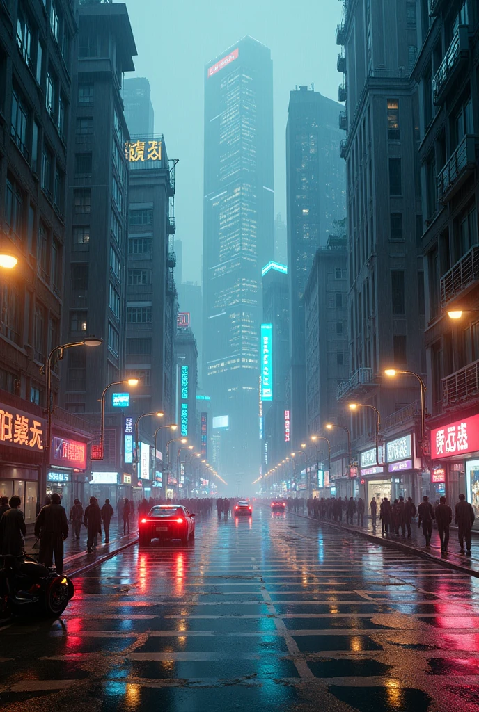Photographic grade,Movie quality,Game CG wallpaper,A Hong Kong Cyber City in the Rain,Street Intersection,No text appears