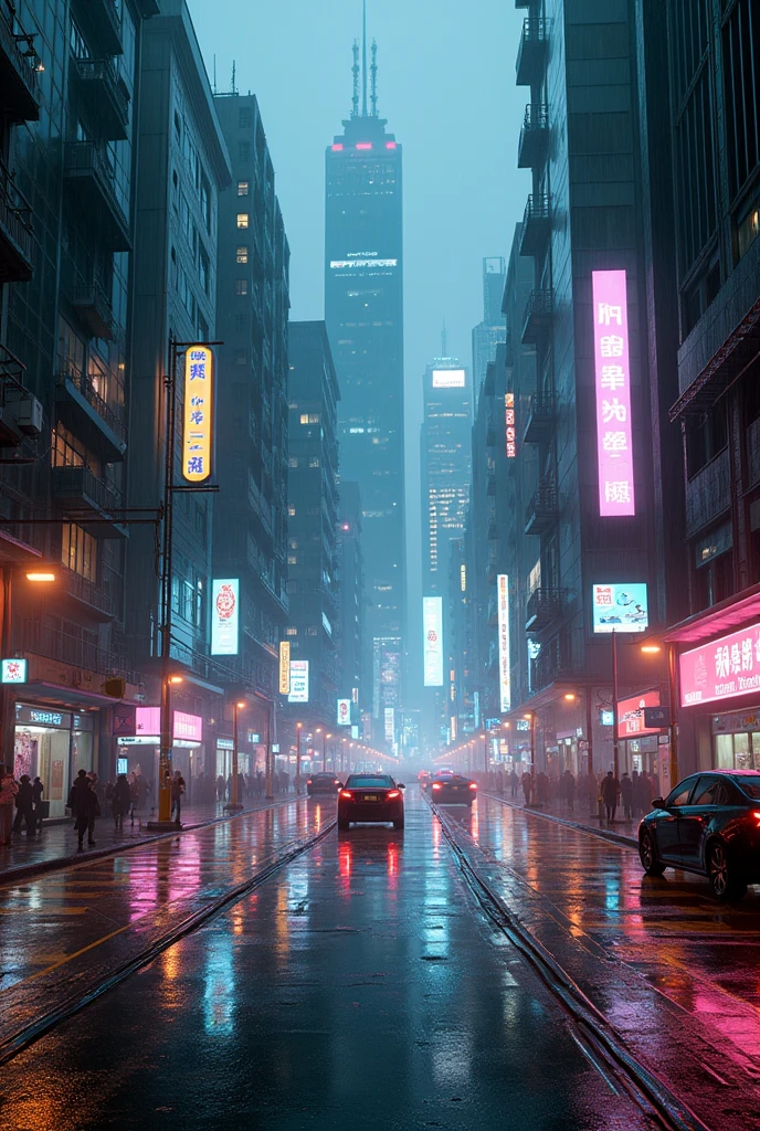 Photographic grade,Movie quality,Game CG wallpaper,A Hong Kong Cyber City in the Rain,Street Intersection,No text appears