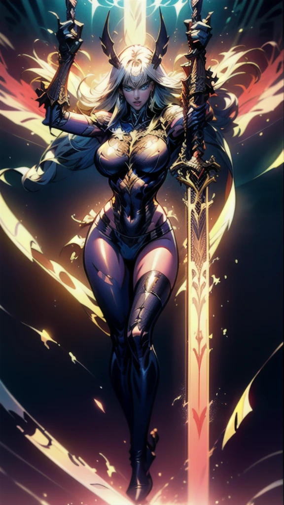 (full body portrait), Magik of X-men, Illyana Rasputin with long white hair, piercing blue eyes, wearing a low cut unitard with high cut legs, tight thigh high boots, holding a glowing magical sword, jumping with sword raised back behind head, huge overhead swing of sword, floating in a mystical realm with swirling energy, (best quality,8k,highres,masterpiece:1.2),ultra-detailed,realistic,photorealistic,photo-realistic:1.37,concept art,dark fantasy,digital painting, dramatic lighting, cinematic, intricate details,ethereal,otherworldly atmosphere, no bra, (torn clothes:1.3)