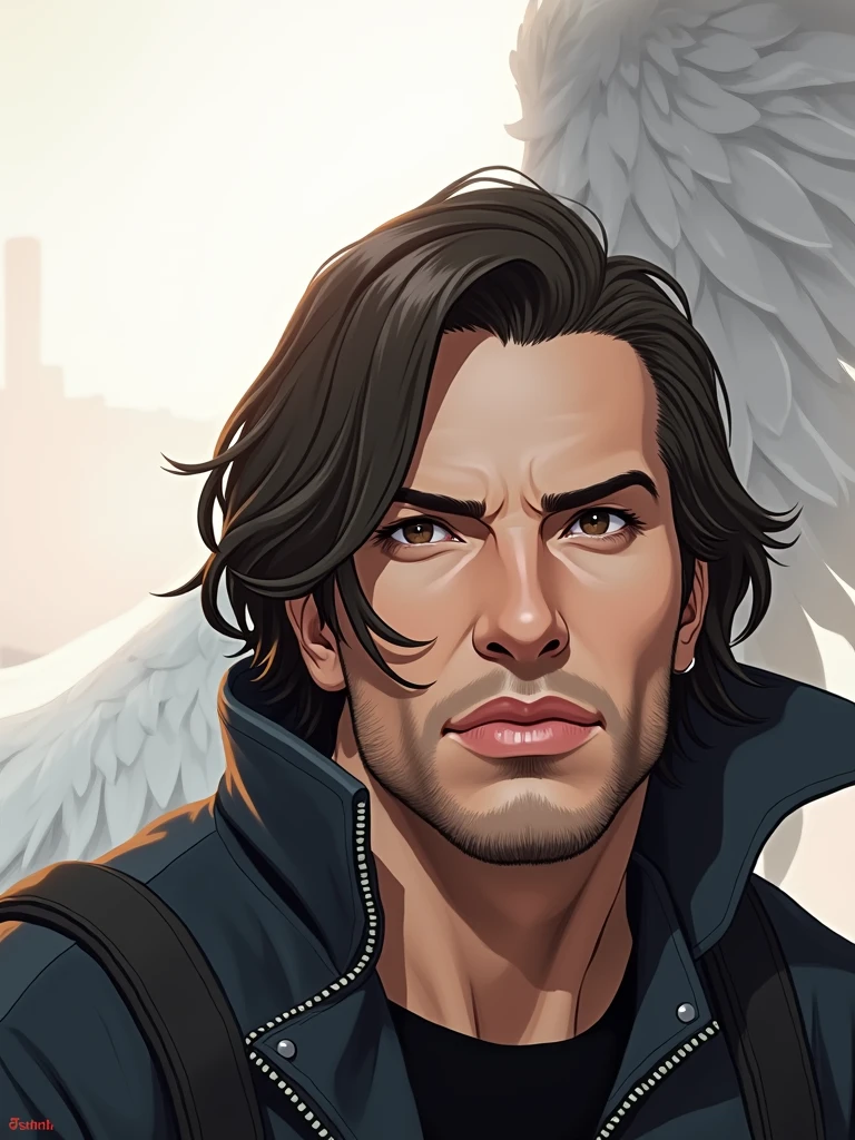 A portrait of a handsome person from sks., post apocalyptic winged firefighter, Intricate, elegant, Very detailed, Digital paint, art station, Conceptual art, seeds, sharp focus, illustration, art by Krenz Cushart and Artem Demura and alphonse much, ((fire in the hands))