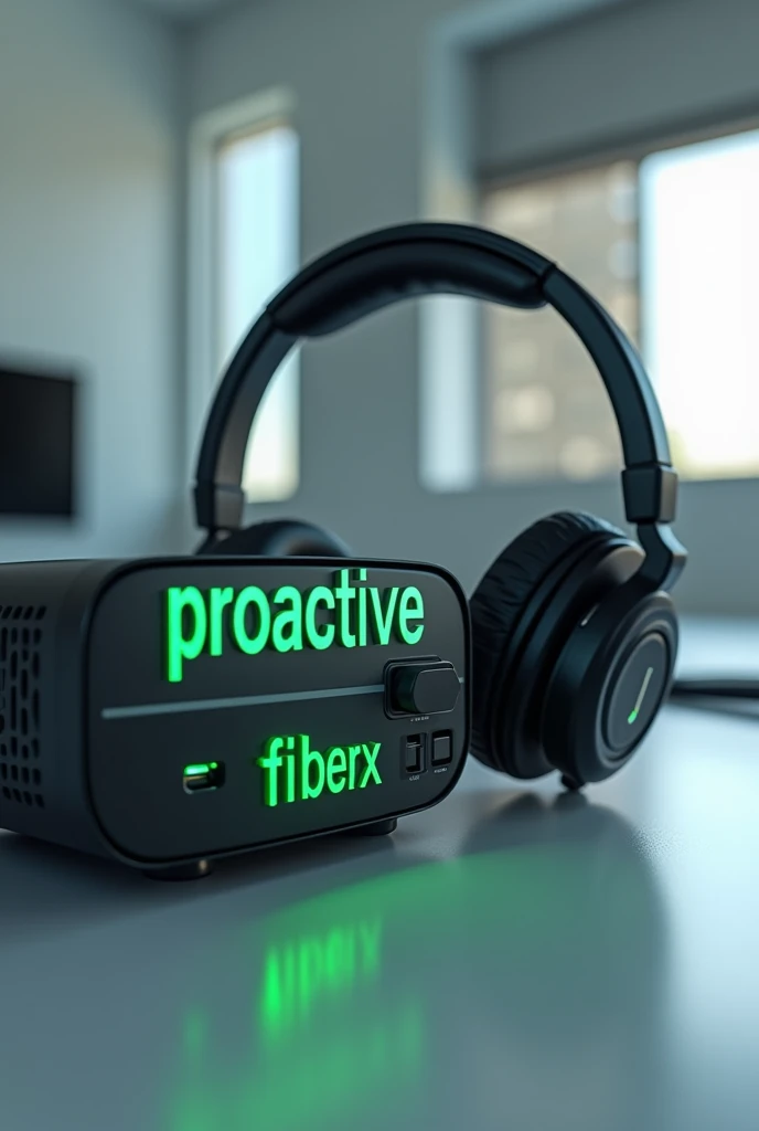 image of Headset and an internet ONT and on the ONT written Proactive FiberX with highlighted black and green letters realistic image