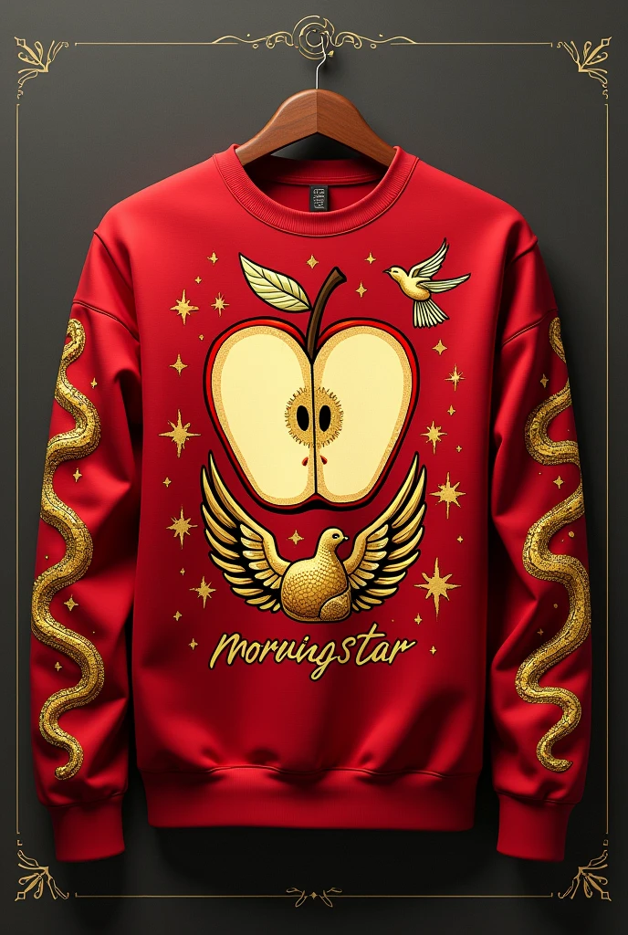 A red sweatshirt with a cartoon-style drawing of a normal apple cut in half in gold and a golden bird with 3 pairs of wings and snakes on the golden sleeves and the name morning star