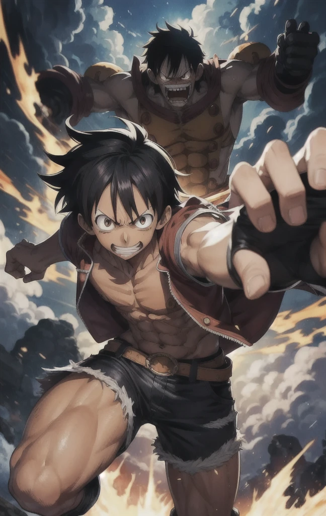 transformed ey D. Luffy em Gear 10, with an X on his chest, a new all-powerful form, rodeado ((black clouds)) --auto