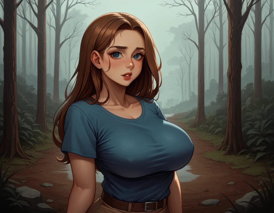 (1 girl) (masterpiece, best quality) (the cutest camp councilor is sad she wont see you until next year), , , , (stormy dark sky, sunset, raining) (beautiful forest background)
((Melancholy emotions:1.4)),
(Huge Breasts covering entire torso) ((realistic oil painting)) ((huge breasts covered by shirt)), art by norman Rockwell,