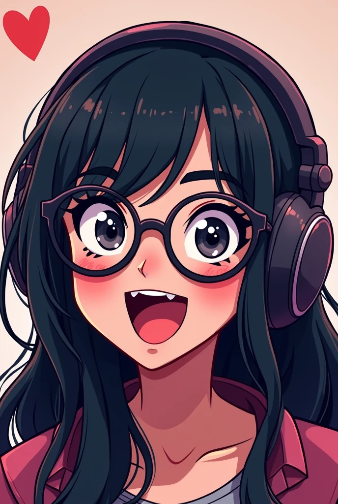 Twitch emote image of a girl with black hair, black eyes, black eyebrows, glasses, headphones, gamer in love