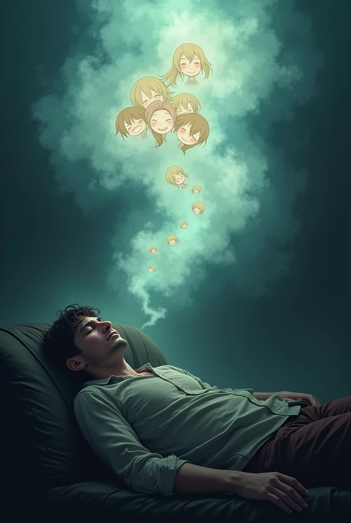 A tired-looking man lies on a sofa in a dark room,With eyes closed,shabby clothing((penis:1.5)),In his imaginary world,There was a bright mist above his head,In the fog,Anime girls smiling happily。
