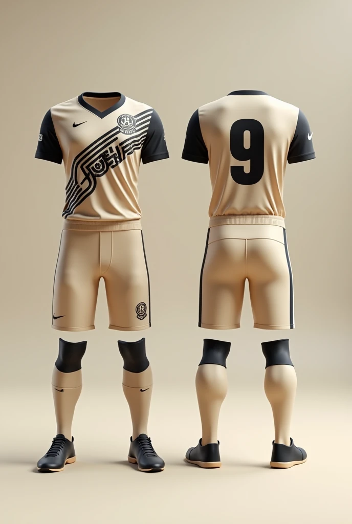 Image of the two football sports uniforms in light beige combined with black, with a stripe or flash print on the front that the name "flower" and a number 9 on the back of one of the uniforms