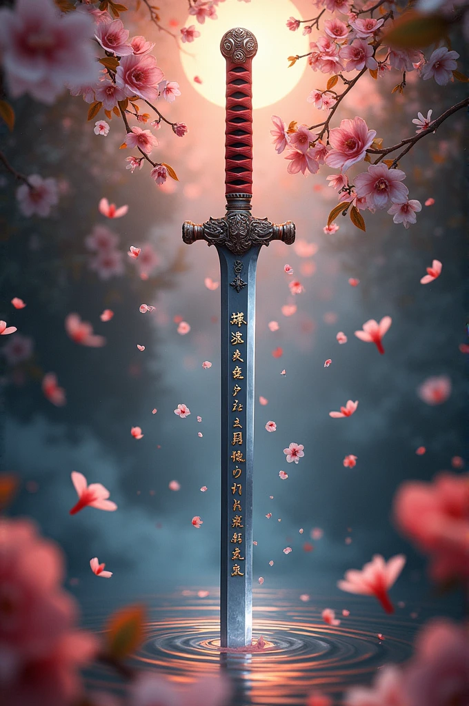 A katana with a legend written on the blade of the sword, Valentina's values, Loyalty, love, force, freedom and on the hilt there is a Chinese knot and around the katana there are flowers of derezos and petals flying and on one side there is a geisha mask
