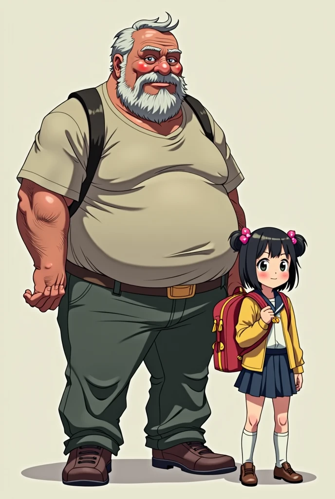 Realistic ugly fat middle-aged man、Anime-style school bag girl
