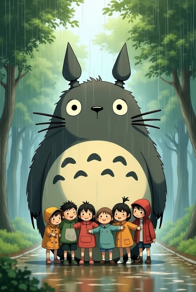 Please draw Totoro with smiling children in the heavy rain.