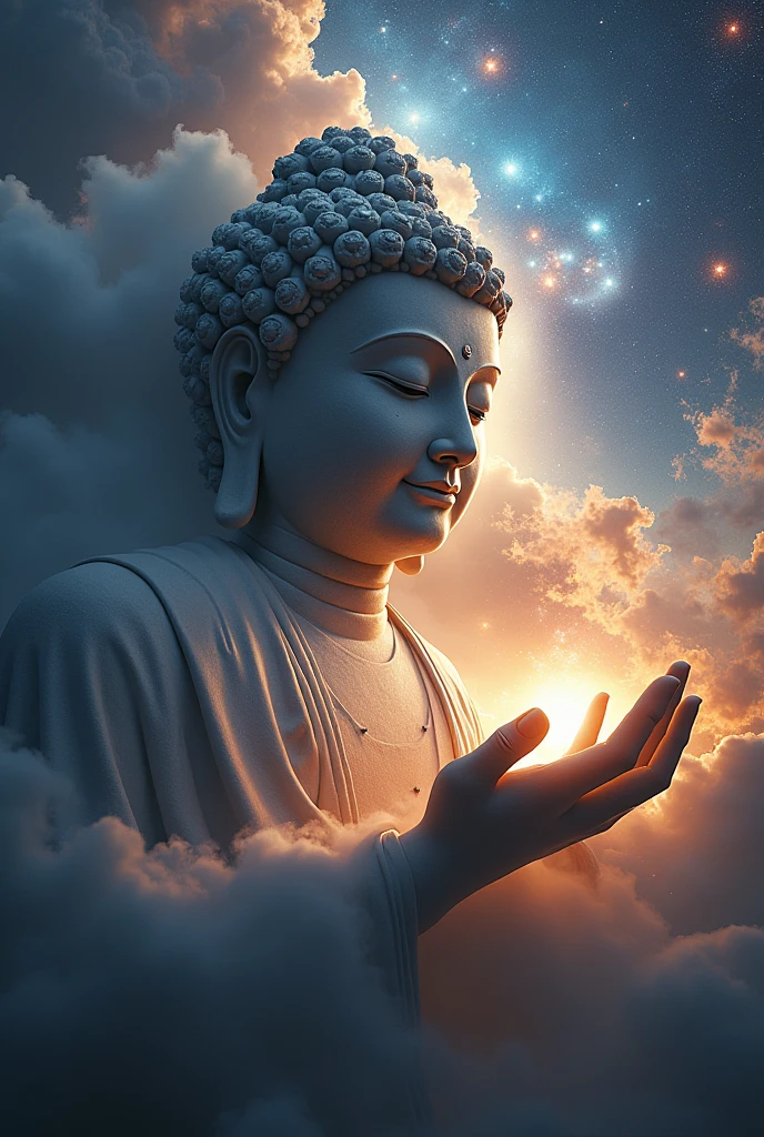 A huge Buddha statue floats in the void of the universe，Its face is peaceful and profound，Buddha statue hits the earth with one hand，Palm has shock wave effect，Surrounded by galaxies and nebulae。uhd,, high sharpness, high precision，4K