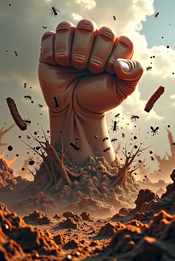 A powerful fist smashed vertically on the ruins of ant nests full of ants, the fist structure is correct, some ants were blown away, some ants are fighting, the background is mud sputtering, the picture composition golden ratio, reflecting the antagonism of hands and ants, fierce fighting, vertical composition, realistic style, 3D quality, dust and debris raised in the chaos, ((epic, film)) Fun of game illustrations,