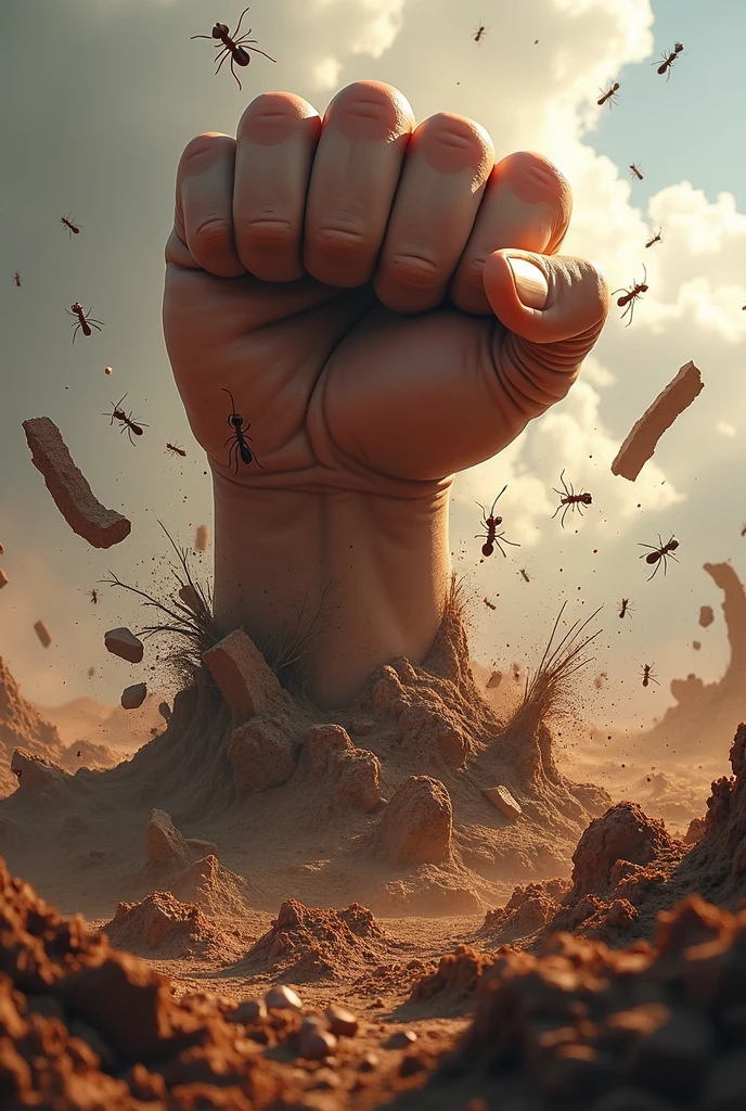 A powerful fist smashed vertically on the ruins of ant nests full of ants, the fist structure is correct, some ants were blown away, some ants are fighting, the background is mud sputtering, the picture composition golden ratio, reflecting the antagonism of hands and ants, fierce fighting, vertical composition, realistic style, 3D quality, dust and debris raised in the chaos, ((epic, film)) Fun of game illustrations,