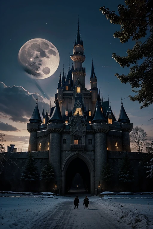 A big castle in the middle of a forest under a full moon with crows and wolves around it and a bunch of kids at its entrance