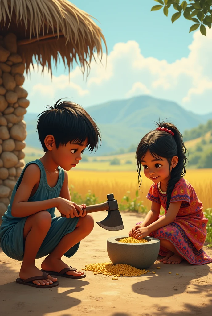 Recreate the following stanza in a realistic and contextualized way in Latin American country life:
A boy squatting down sharpens his axe and smiles at the girl grinding corn on a grinding stone and making tortillas on a stove.