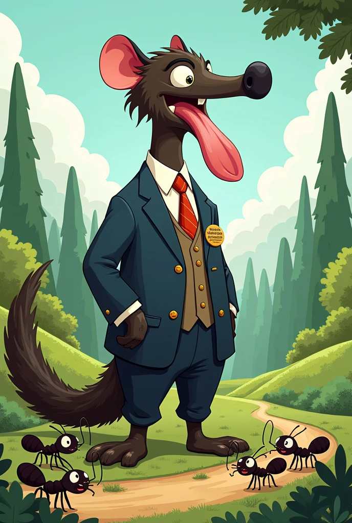 Create a picture of a giant anteater with its tongue out, Suit dress, with badge written municipal secretary of Capivari de Baixo, and next to it several ants laughing out loud