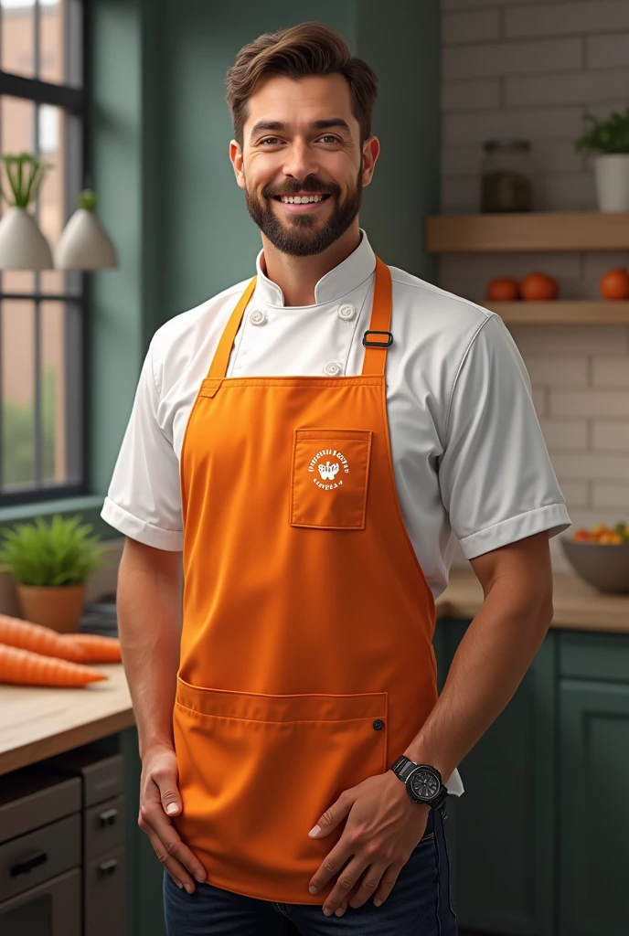 I understand, You want the character to convey the theme of carrot cake without actually making it directly.. Here is a precise description:
Description of the entrepreneurial character:
Group Name: Nutritious Flavor
Género: Male Physical characteristics:
hair: dark brown, short and modern.
face: Friendly and confident, with a light beard that brings maturity.
eyes: Bright and attentive, reflecting determination and empathy.
CLOTHES:
He is wearing a white shirt with a kitchen apron over it.. The apron has the logo of "Nutritious Flavor" in the pocket.
The apron and shirt have subtle details in shades of orange., evoking carrot cake without being directly related to the making of the cake.
Complement with dark jeans and sturdy kitchen shoes..
He wears an elegant watch on his left wrist..
Context:
Activity: The character is in a professional kitchen, but he's not making the cake. Instead of that, is reviewing a recipe in a notebook or monitoring the environment, showing his role as leader and protector.
Environment: The kitchen is well equipped and organized., suggesting an efficient and high-quality work environment. There are subtle carrot elements in the design, such as small decorative details in the background or utensils in shades of orange, to connect with the theme of the cake without the character directly making it.
Image transmission:
protection: The character must convey confidence and security. His upright posture and expression reflect determination and kindness., suggesting that it is someone
