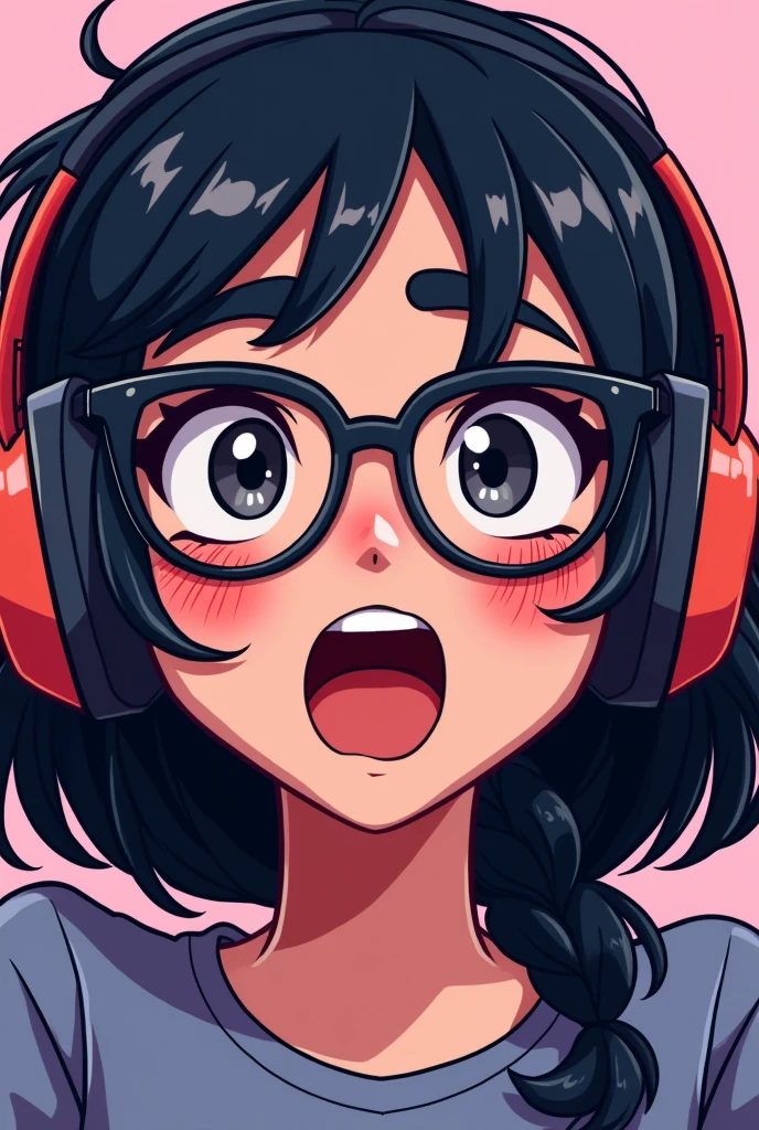 Twitch emote image of a girl with black hair, black eyes, black eyebrows, glasses, headphones, gamer in love 
