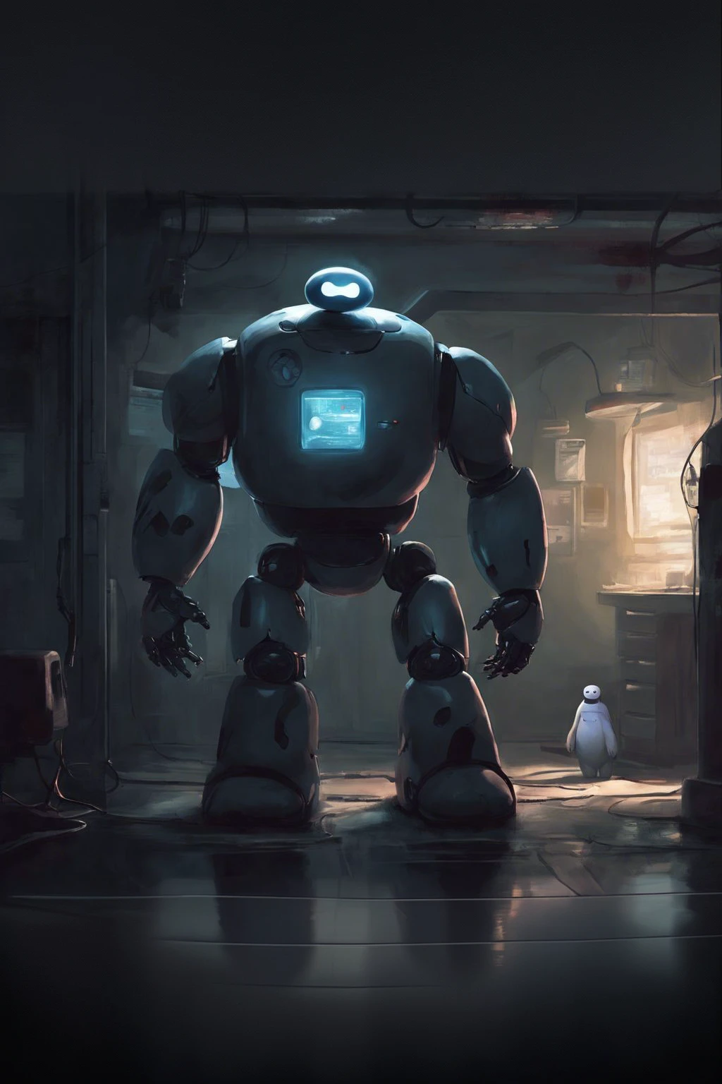 The desired image can include a character similar to B-Max, but with a dark and scary appearance. He can be in a gloomy and empty urban environment, with low lights and heavy shadows that convey a sense of loneliness and terror.. His facial features may have been slightly distorted to add a sense of fear. Dark colors and high contrast in the image along with small details such as raindrops or fog can help increase the sense of fear and tension.. 

This image can be designed for phone wallpaper, with the right dimensions and enough detail to display well on the screen.. 

I can create this image for you if you want.