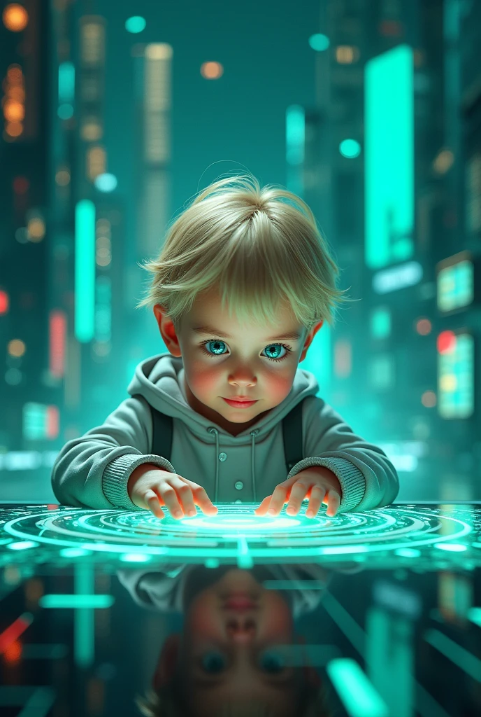 A captivating 3D logo illustration for a curious young child with blonde hair, engrossed in a futuristic computer, set against a vibrant green backdrop of a digital cityscape.