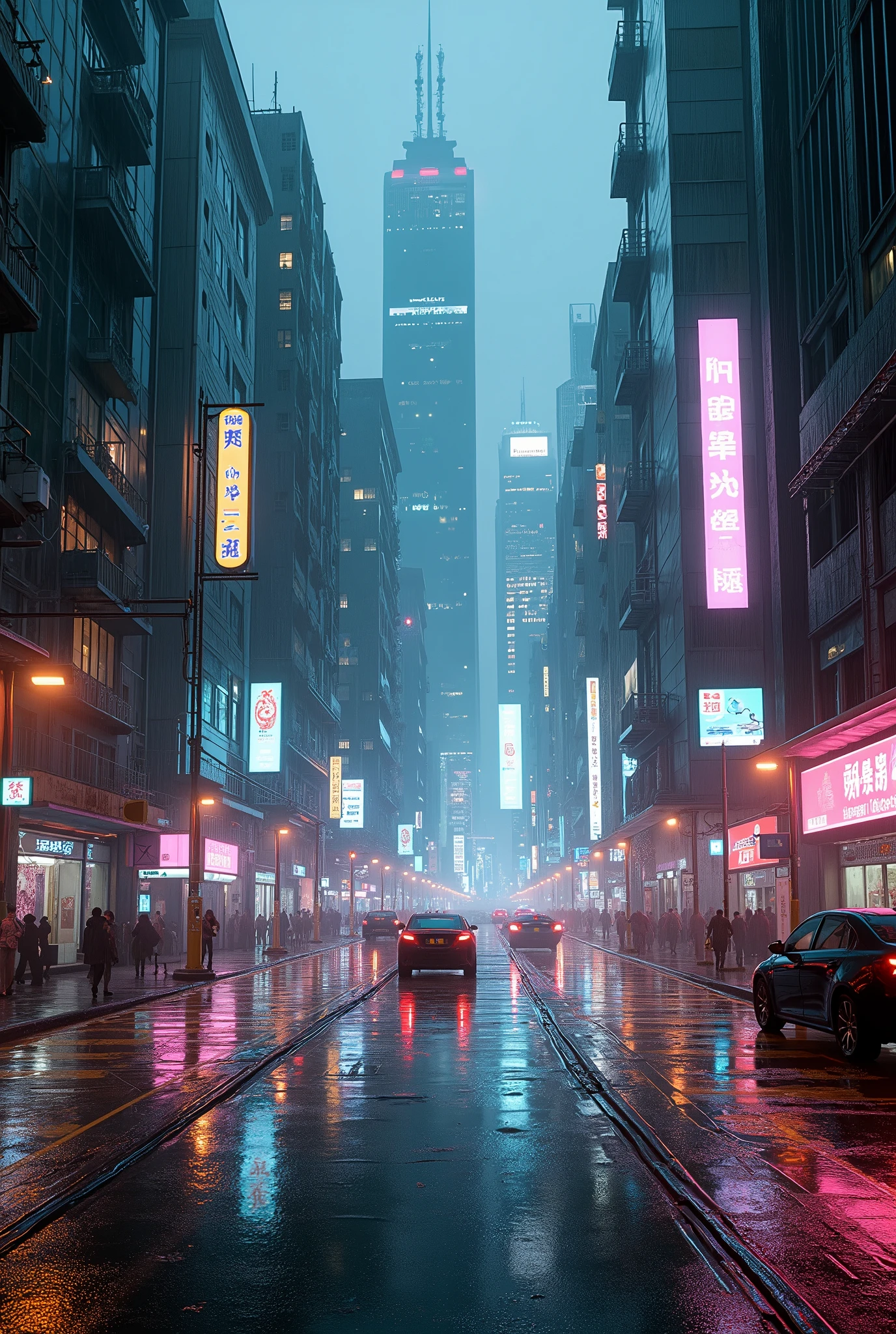 Photographic grade,Movie quality,Game CG wallpaper,A Hong Kong Cyber City in the Rain,Street Intersection,No text appears