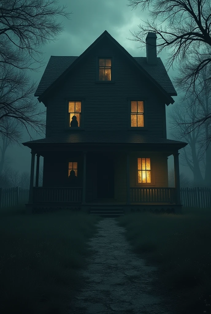 Measures a shadowed house with an evil figure looking in the window
