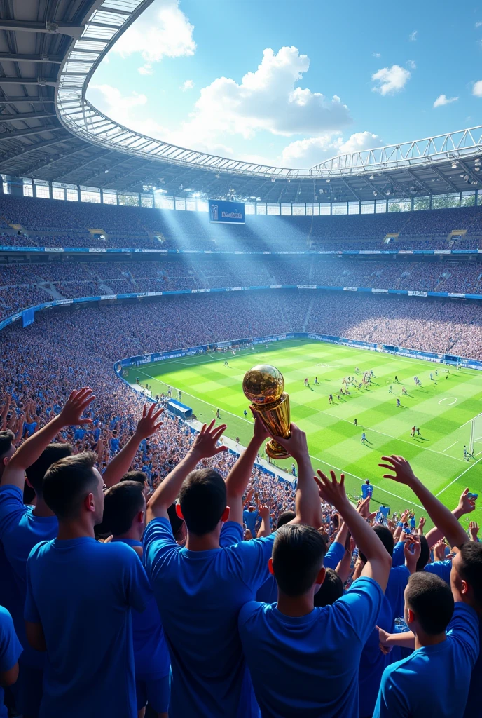 A football stadium with a team that won the championship and you can see the party in the stadium and outside in the streets. ; The team has the color blue 
