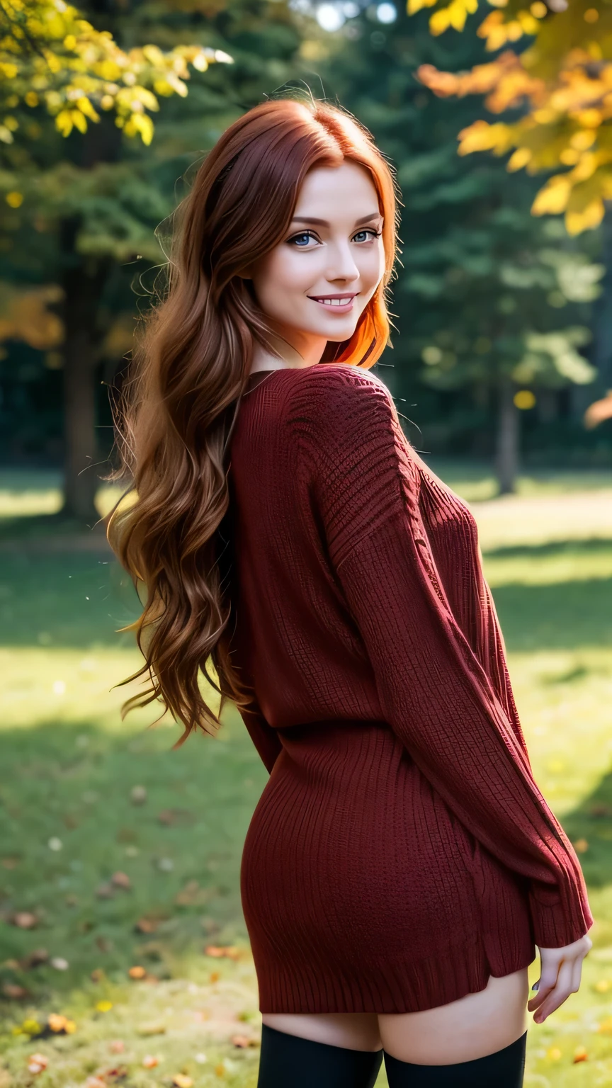 Realistic full body photo of a smiling, Young red-haired girl with long hair, She dances in front of the camera in a short knitted dress made of red cotton and a tight stocking pose, Park,glamour fotoshooting, Park, perfect anatomy, perfect green eyes. Perfect hands with 5 fingers on each hand, Matching girl, looking at the camera, 1 Frau. (Eye make up:1.1), (highly detailed skin:1.1), spirit, analog style, keen focus, 8K UHD, dslr, good quality, Fujifilm XT3, Grain, Award-winning, masterpiece. Park