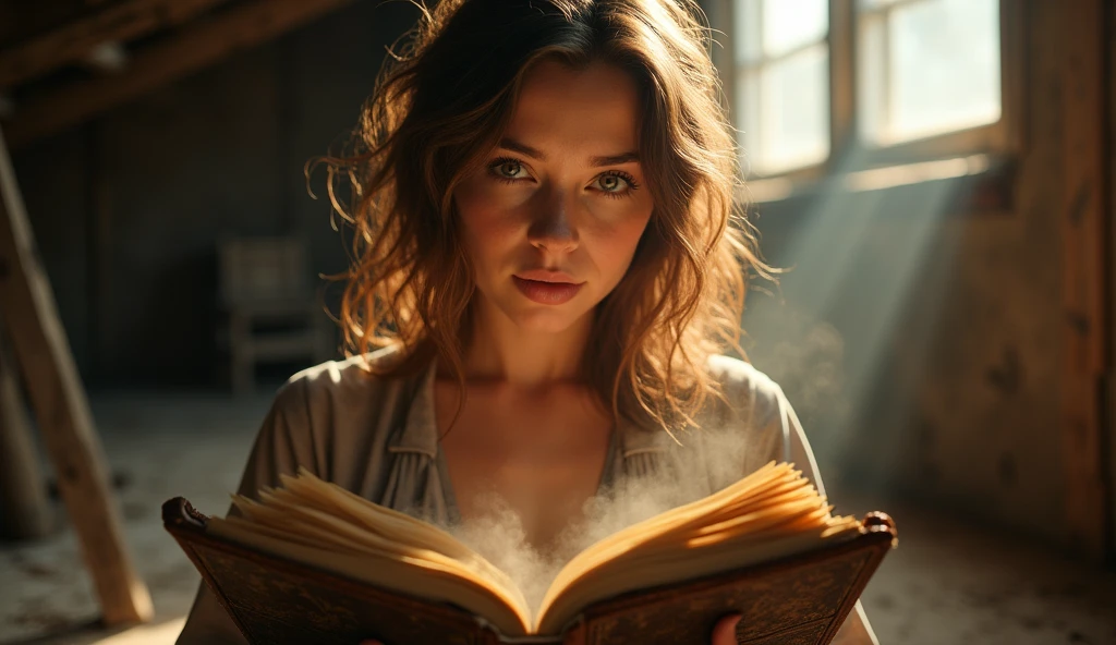 A brown-haired, curious-eyed woman finds a dusty old diary in a sunlight-drenched attic., with mysterious shadows suggesting a story to be discovered.