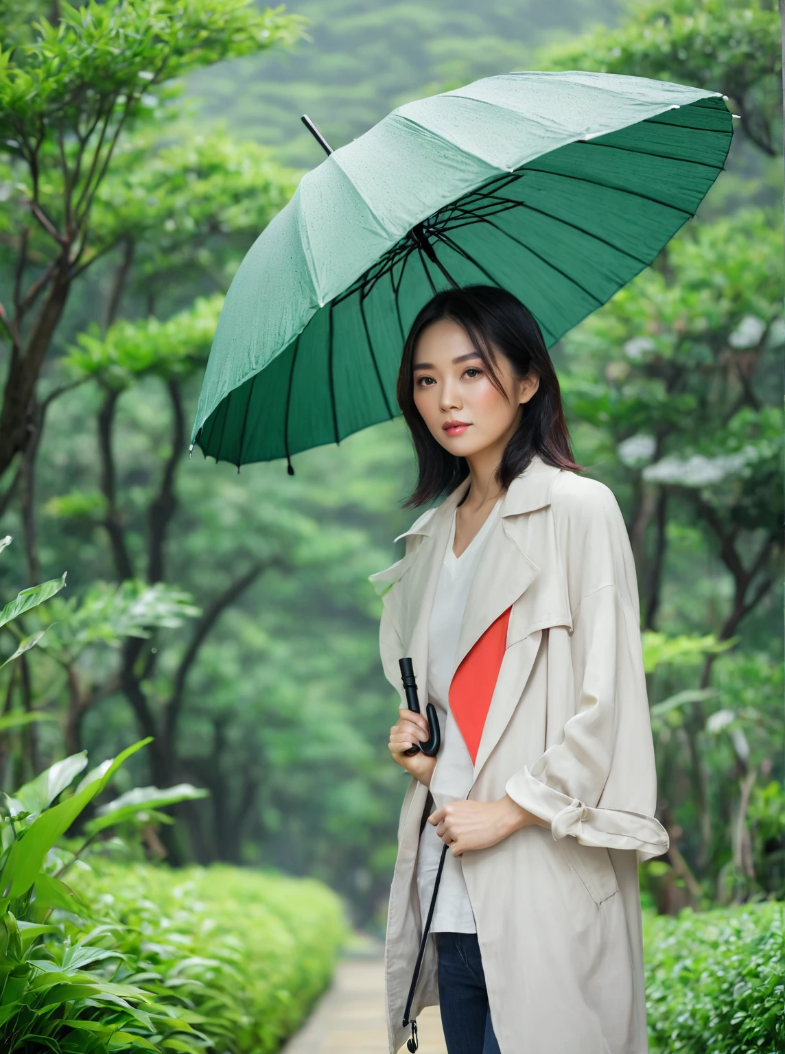 Woman with umbrella,Asian,Real People,Realistic photos。The background is minimalist,outdoor,Green plants,Depth of Field