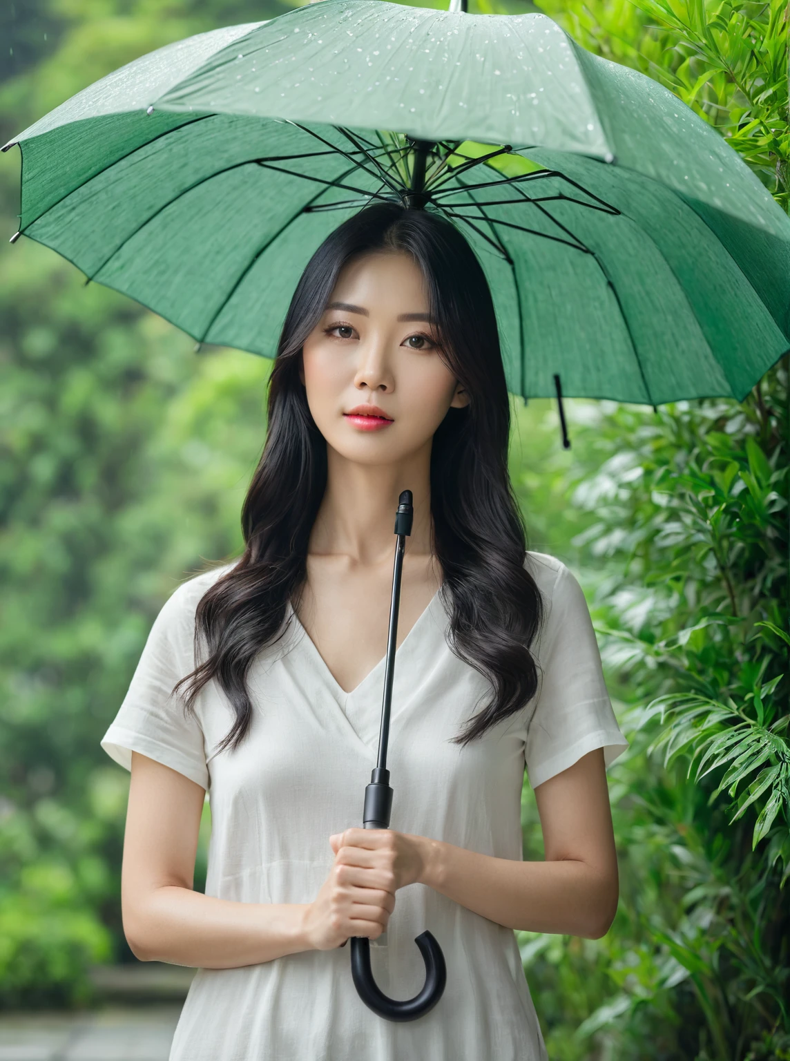 Woman with umbrella,Asian,Real People,Realistic photos。The background is minimalist,outdoor,Green plants,Depth of Field