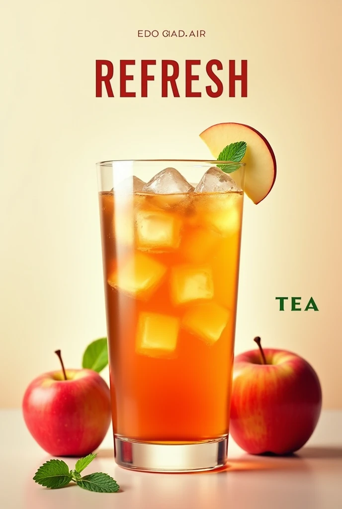 Make a picture of an iced apple tea and put the word refresh above the image and the word tea below it in Spanish.