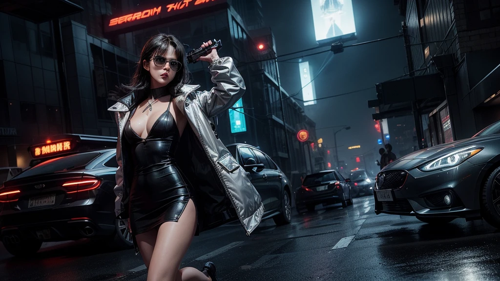 Blade Runner style futuristic city, simple outlined neon buildings, cars, lightning, 3d rendering Beeple. At night, (1girl, solo, alone), photorealistic, medium-breast slim:0.6 body, oval:0.5 face, cleavage:1.1, sexy black laced bra, deep-V, (low angle view of miniskirt), white laced panty, coat, (Matrix style black micro sunglasses), ((holding a short gun)), (slightly leaning forward running pose), (half-body thigh level close-up shot), cinematic lighting, ray tracing.