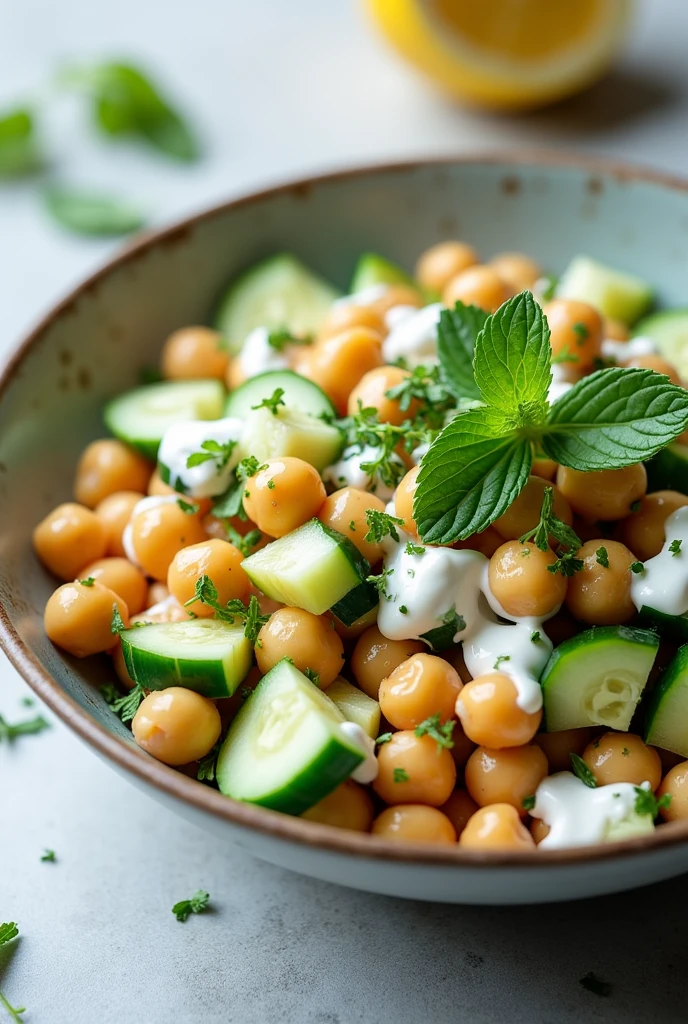 Create an image of this recipe: Chickpea Salad with Cucumber and Yogurt Ingredients:
- Cooked chickpeas: 200 g - Cucumber: 100 g - Natural yogurt: 50 g - Fresh mint: 10 g - Lemon: 1 unit - Olive oil: 15 ml
- Sal: 5 g - Pepper: 2 g Preparation:
1. Wash and cut the cucumber into small cubes.
2. In a bowl, Mix the cooked chickpeas with the cucumber.
3. In a small bowl, Mix the natural yogurt with the lemon juice, chopped mint, salt and pepper.
4. Pour the dressing over the salad and mix well..
5. Serve cold.